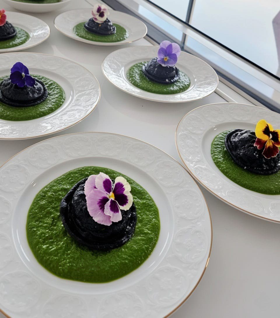 Signature plate: black quenelles on a fresh green herb coulis, finished with edible pansies.